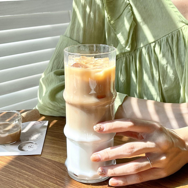 Latte coffee cup, InS-style bamboo joint glass water cup, transparent home iced American latte cup, juice drink cup Specification drawing