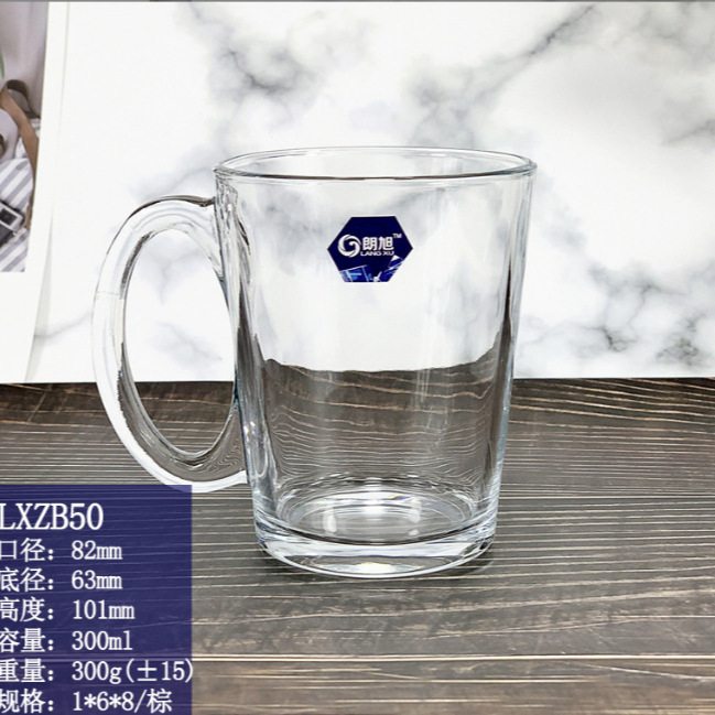 Wholesale Langxu glass mugs, decal printed juice and coffee water cups, thickened glass cups with handles Specification drawing