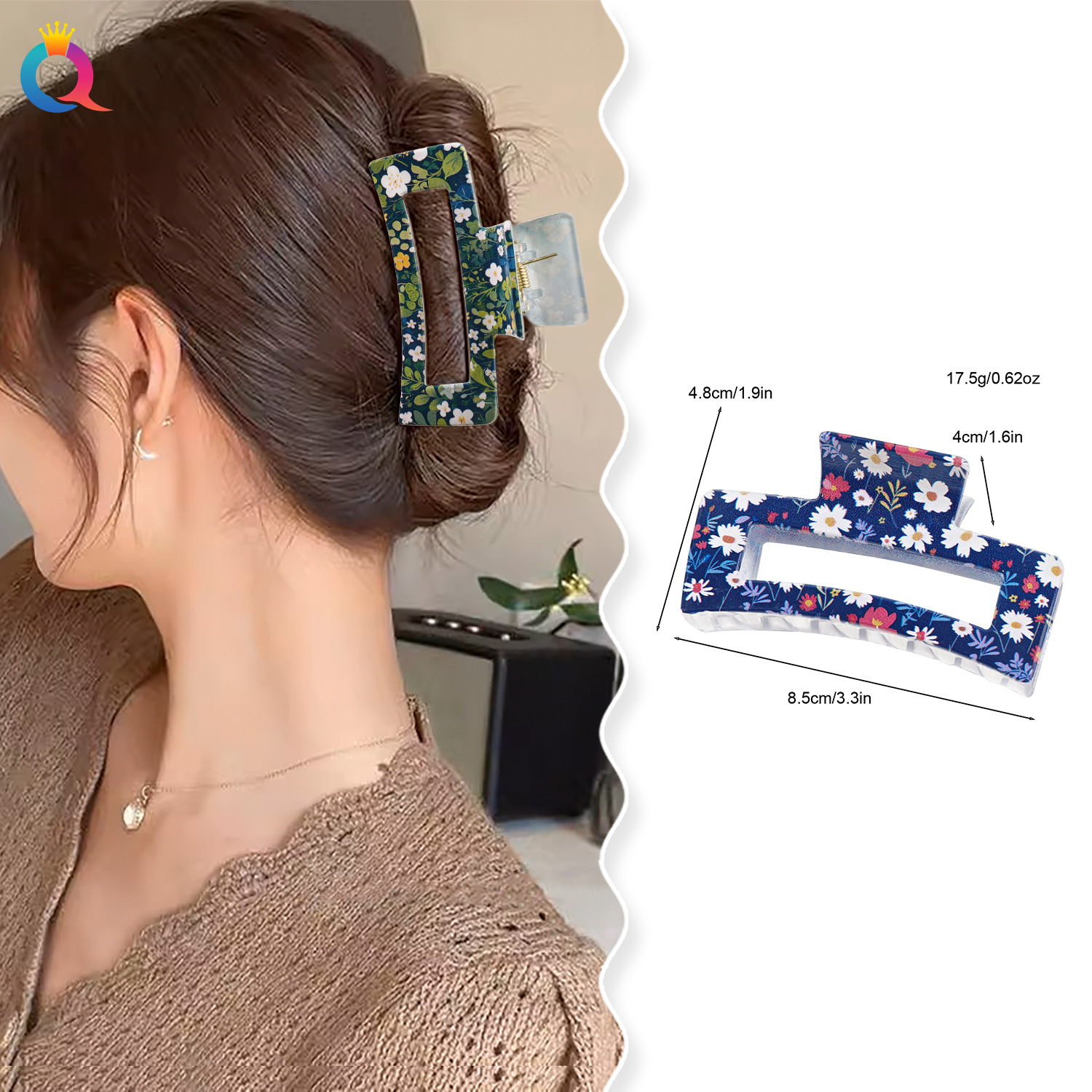 Wholesale of Qiyue's new fashionable UV-printed square grabber for women, European and American creative hair clips, and fresh shark clips Application Scenario