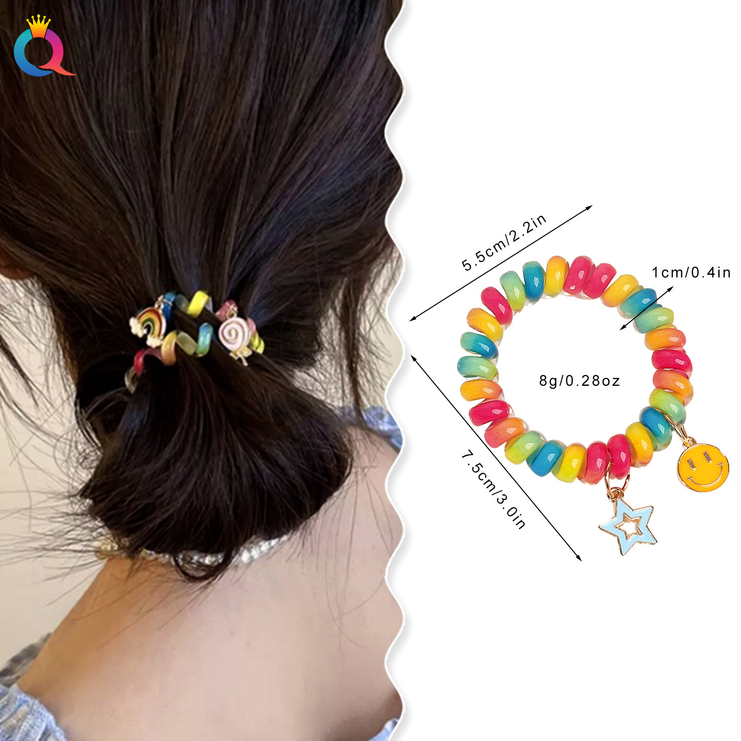 Qiyue colorful high-elasticity telephone line hair tie pendant, hair tie that won't damage hair, high ponytail leather band women's hair accessory wholesale details Picture