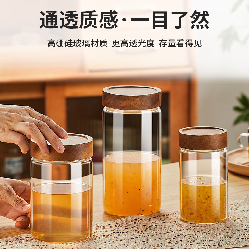Glass honey sealed jar, household fresh-keeping food grade with lid, canned jam, bird's nest, acacia wood storage jar Application Scenario