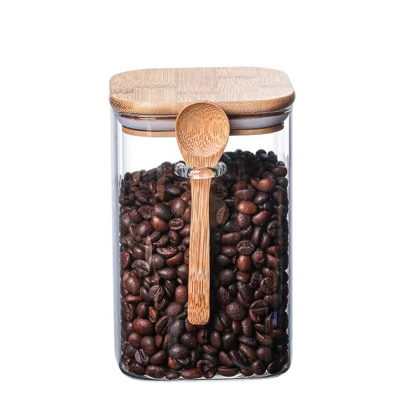 Factory wholesale square glass sealed jars with spoons, storage jars, seasoning jars, food and dried fruit storage jars, tea jars Item Picture