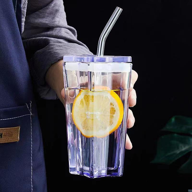 Creative star Cup water cup, high-temperature resistant, portable, high appearance level glass cup, covered coffee cup, small gift straw cup details Picture