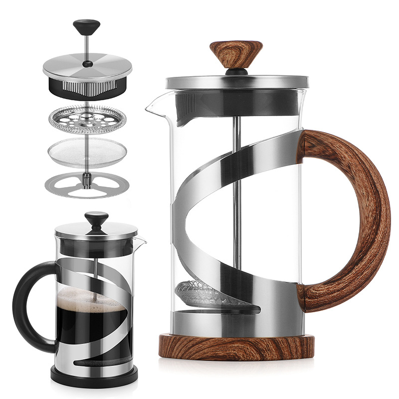 High borosilicate glass press, hand-brewed coffee equipment, 304 stainless steel filter press, household tea brewing teapot full figure