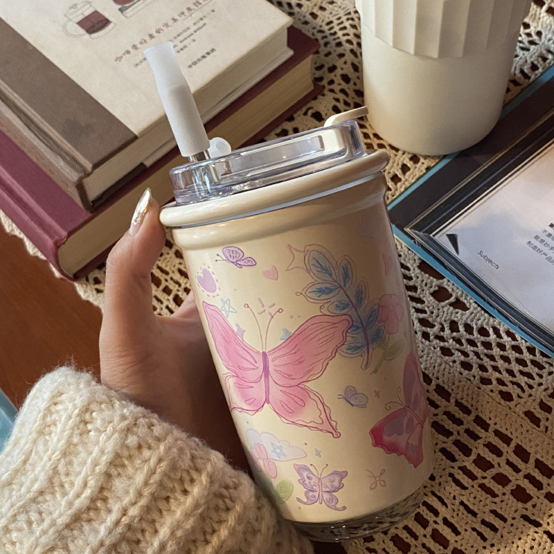 Self-made forest-style butterfly stainless steel straw insulated cup, Dream Garden travel cup, car water cup and coffee cup details Picture
