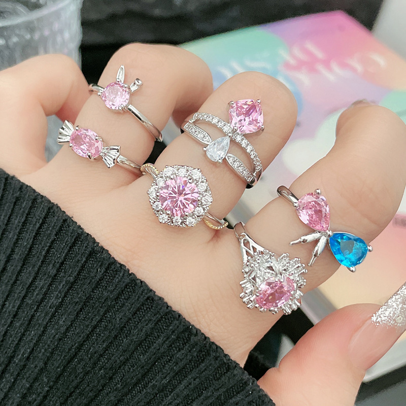 A light luxury and high-end pink diamond sweet and cool fashion open-top ring for women on Instagram, with a cold style, exquisite and hot girl, and a simple ring trend details Picture