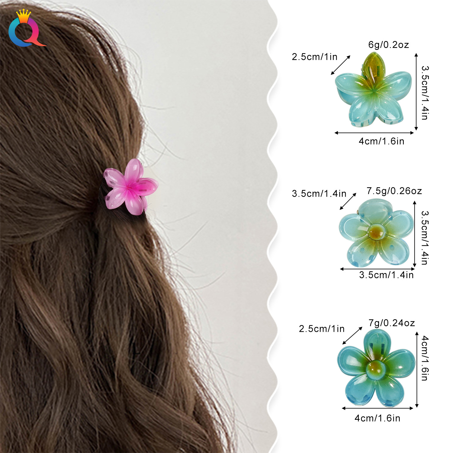 Qiyue Cute Small frangipani hair Clip Set, back head updo Shark Clip, children's gradient color hair clip wholesale details Picture