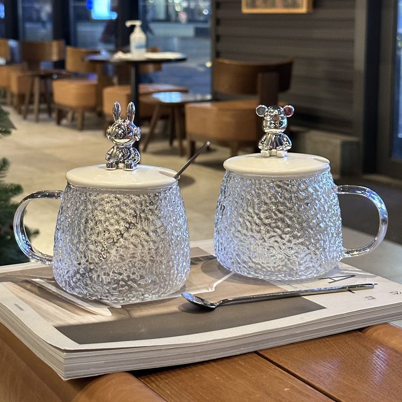 New high-appearation-level bear water cups with LIDS, heat-resistant glass cups, and coffee cups for girls' offices are available for one-piece delivery Specification drawing