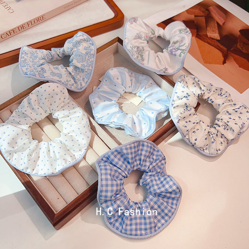 Sea salt blue polka dot checkered floral large intestine hair tie, sweet and versatile fabric hair tie, leather band hair accessory details Picture
