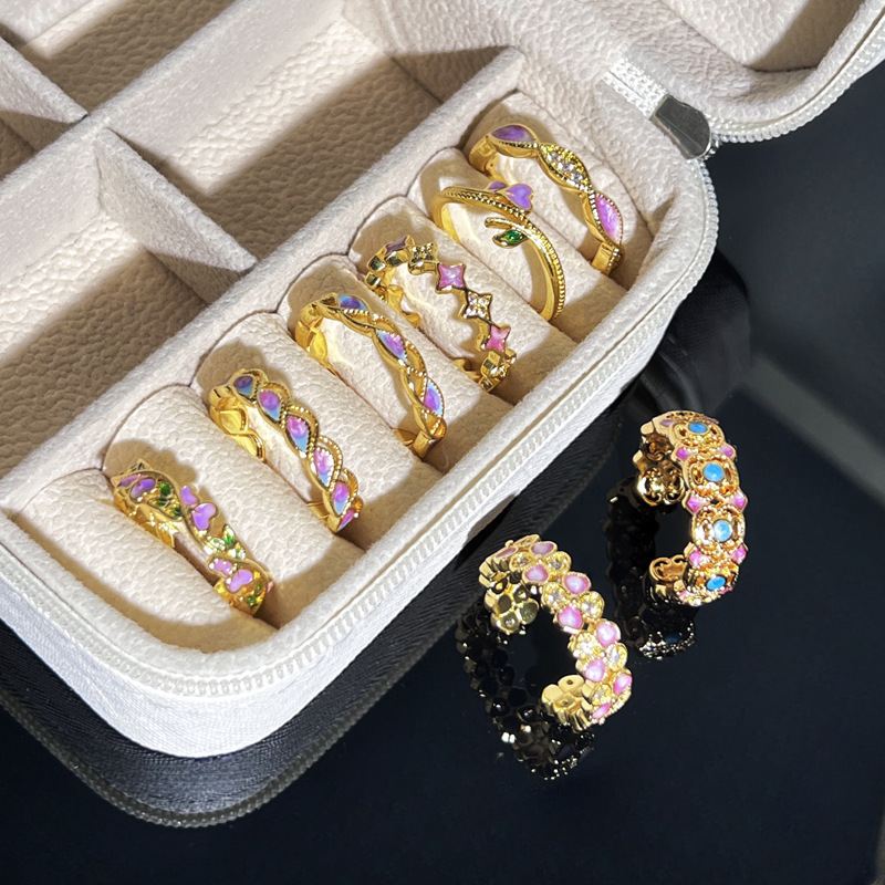 New Chinese-style national trend purple gradient enamel lace hollowed-out ring for women, fashionable and elegant, niche index finger ring Specification drawing