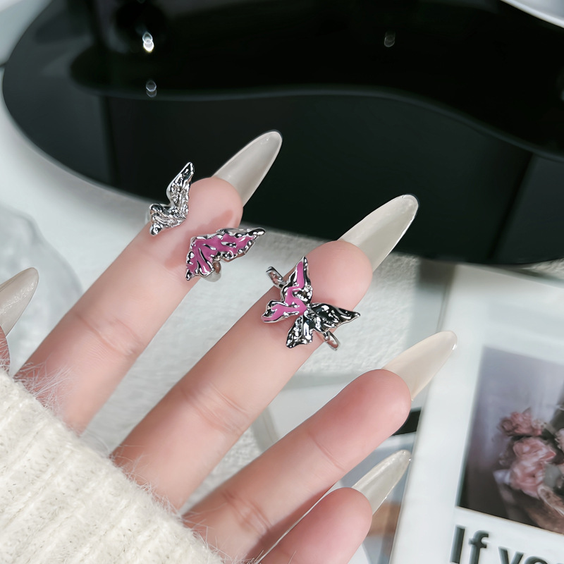 Irregular sweet and cool liquid texture pink drip glaze butterfly opening ring for women, simple, individual, fashionable and versatile ring full figure