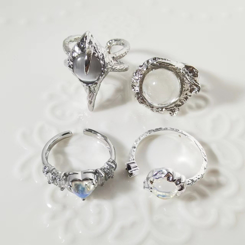Korean light luxury high-end, niche design transparent moonstone personalized ring, women's opening adjustable temperament ring details Picture