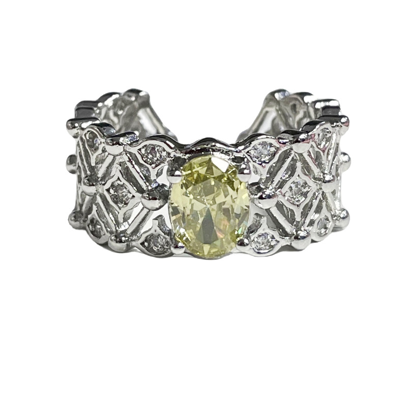 French light luxury hollowed-out yellow diamond zircon open ring for women on Instagram, cold style, retro fashion, sweet and cool food ring trend Item Picture