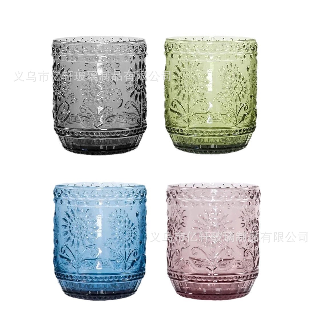 Factory wholesale vintage embossed sunflower colored glass water cups, sunflower household milk and juice cups, cold drink cups Item Picture