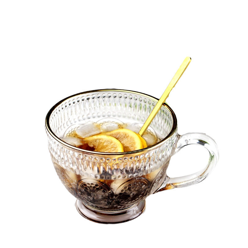 Sunflower retro relief glass breakfast cups, household large-capacity milk tea oat milk cups with handles wholesale Item Picture