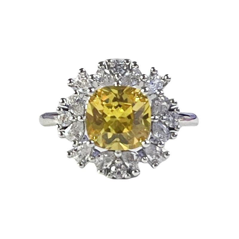 Cross-border colored gemstone, light luxury and high-end feel, yellow diamond zircon geometric adjustable ring, fashionable and cold style ring accessory trend Item Picture