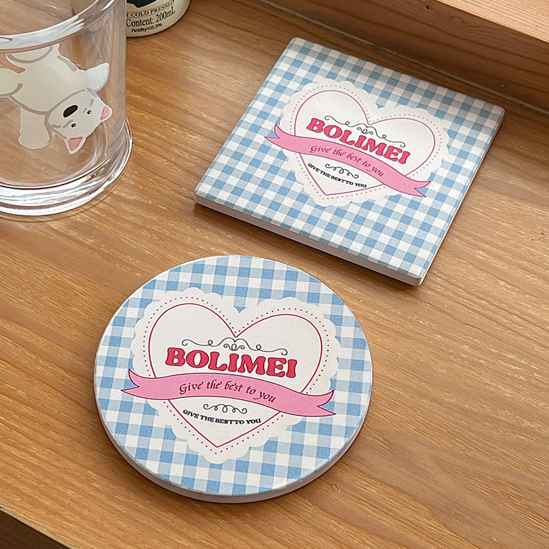 Bolimei's fresh and clean style coasters, ceramic coasters, checkered coasters with a girlish heart full figure