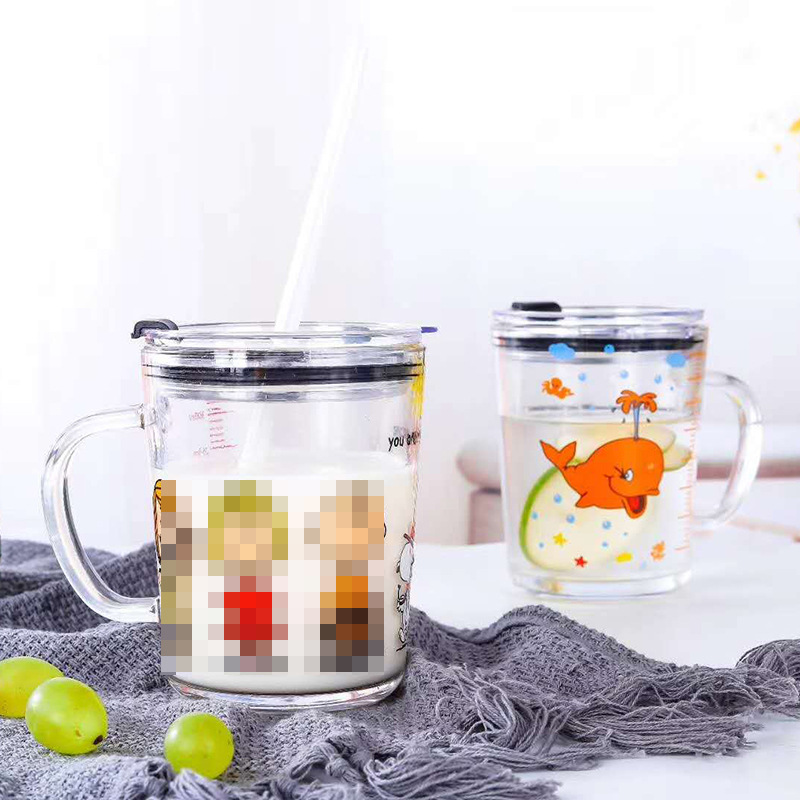 Glass-handled cup, oat milk cup, cartoon glass coffee cup, milk tea straw cup, handle juice drink cup Specification drawing