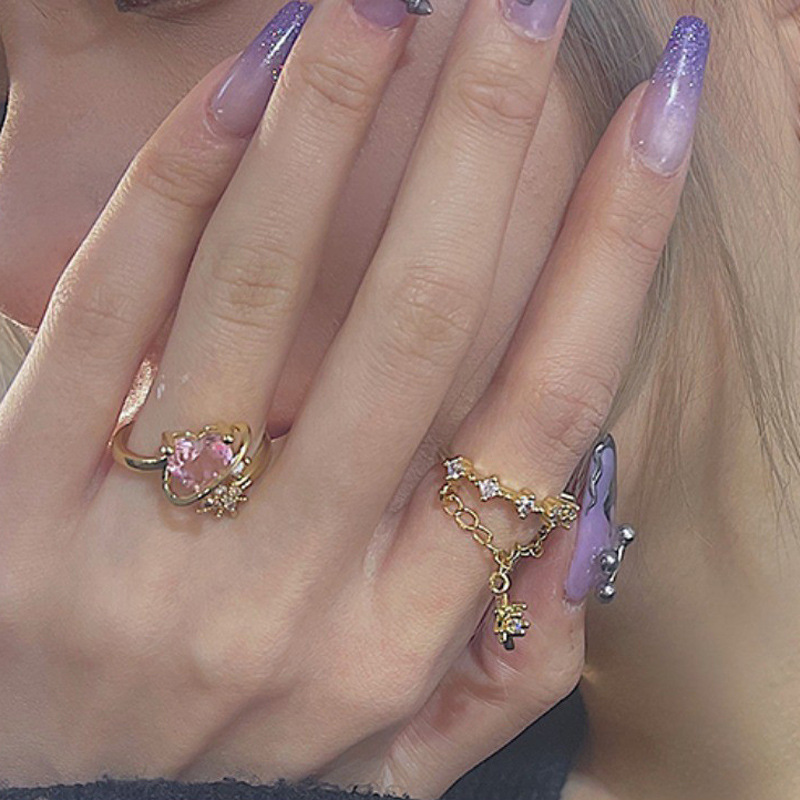 Heart-shaped pink diamond hexagonal star double-layer chain open ring, a niche design sense, ins sweet and cool style, fashionable ring Specification drawing
