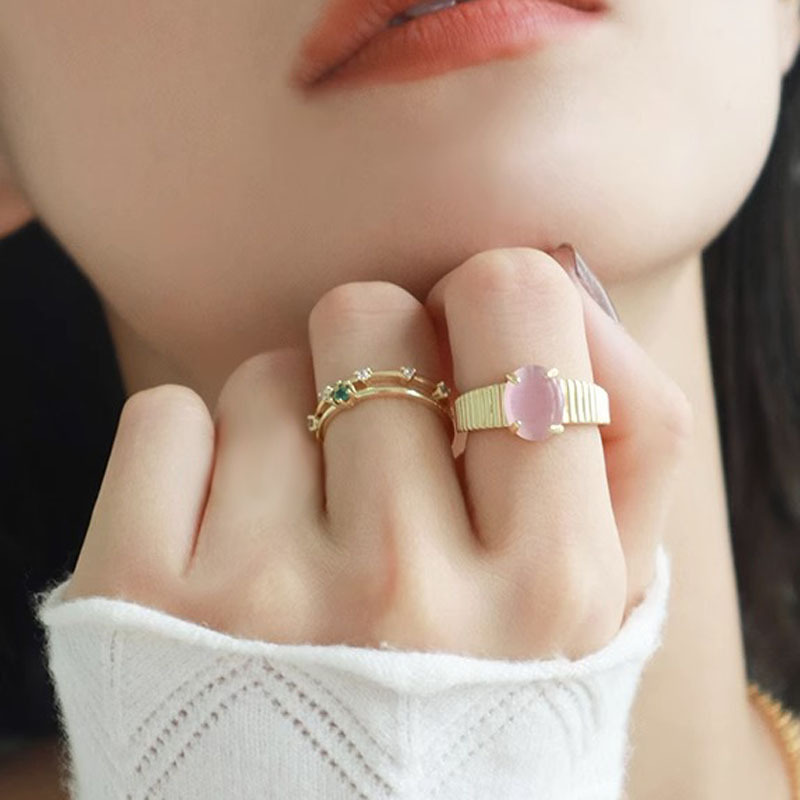 Sweet and cool style layered pink diamond heart-shaped opening ring, a niche design for women with a high-end feel, a light luxury and exquisite trendy ring details Picture