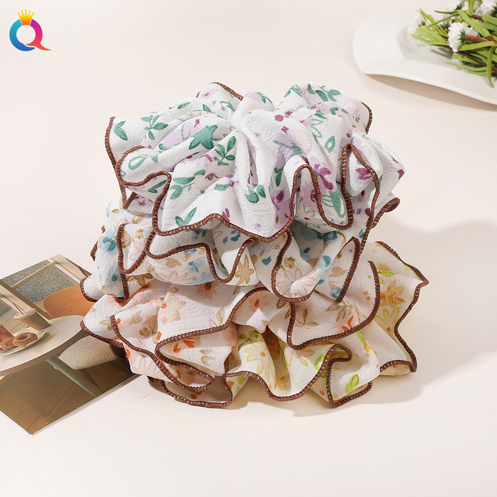 Qiyue Cross-border Floral-patterned Large Intestine Hair Band, Fresh fabric pleated large Intestine Hair Band, all-purpose hair tie, hair accessory wholesale Specification drawing