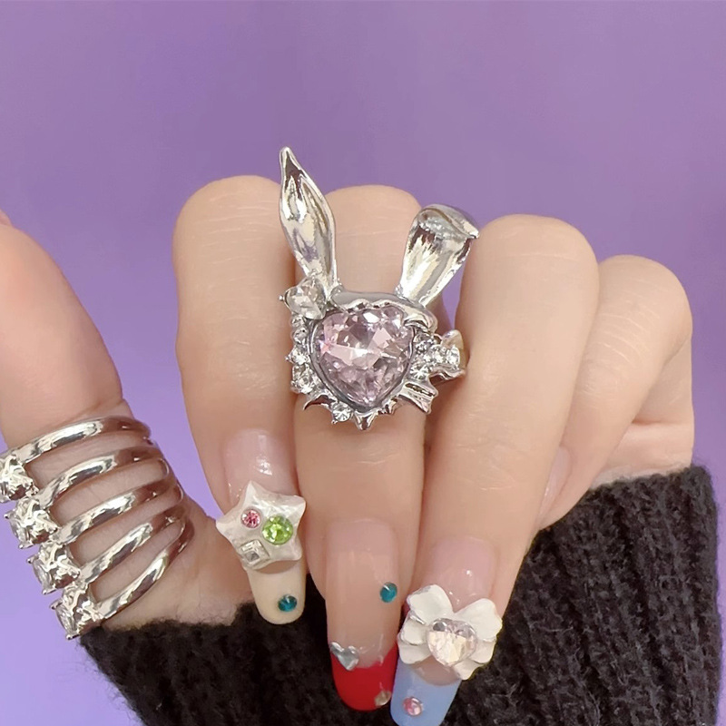 Cute, sweet and cool rabbit with diamonds, high-end feel, Japanese and Korean style, ins girl vibe, unique opening, Y2K hot girl, trendy food ring details Picture