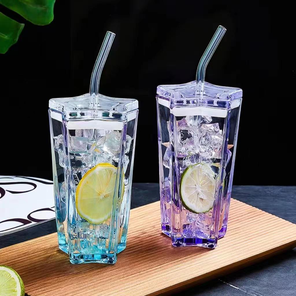 Creative star Cup water cup, high-temperature resistant, portable, high appearance level glass cup, covered coffee cup, small gift straw cup full figure