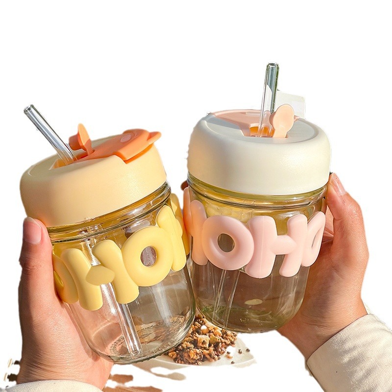 Creative straw cup, heat-insulating and anti-scald double-drinking cup, transparent pearl bracelet, office household glass letter water cup Item Picture