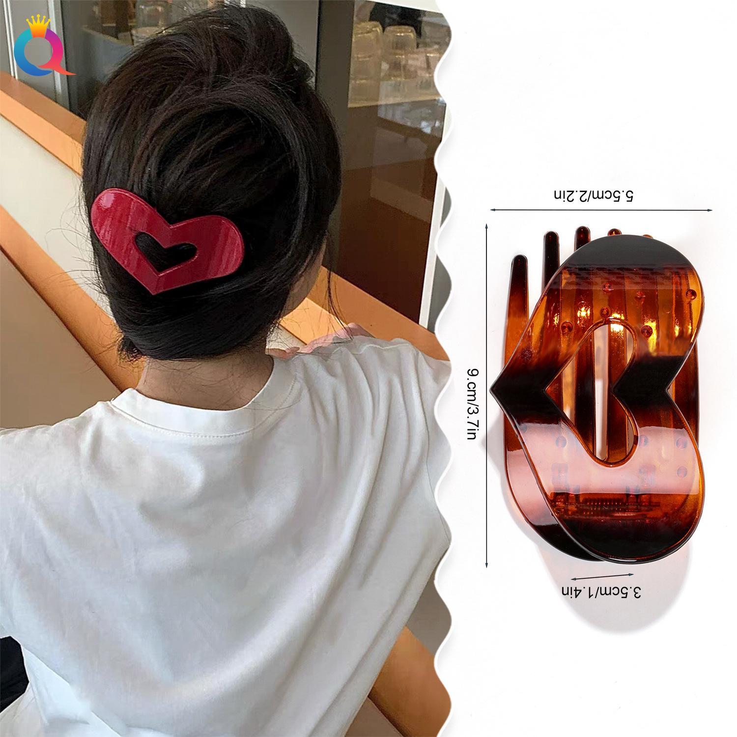 Qiyue Cross-border's new heart-shaped flat oval hair clip, back head bun hair clamp, arc-shaped elegant shark clip hair accessory details Picture