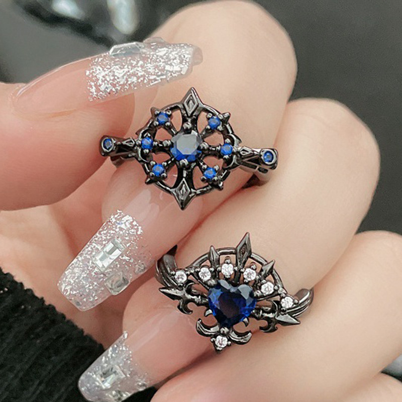 A trendy dark blue diamond open-top ring for women, a retro and niche individual bow and arrow hollowed-out punk style index finger ring details Picture