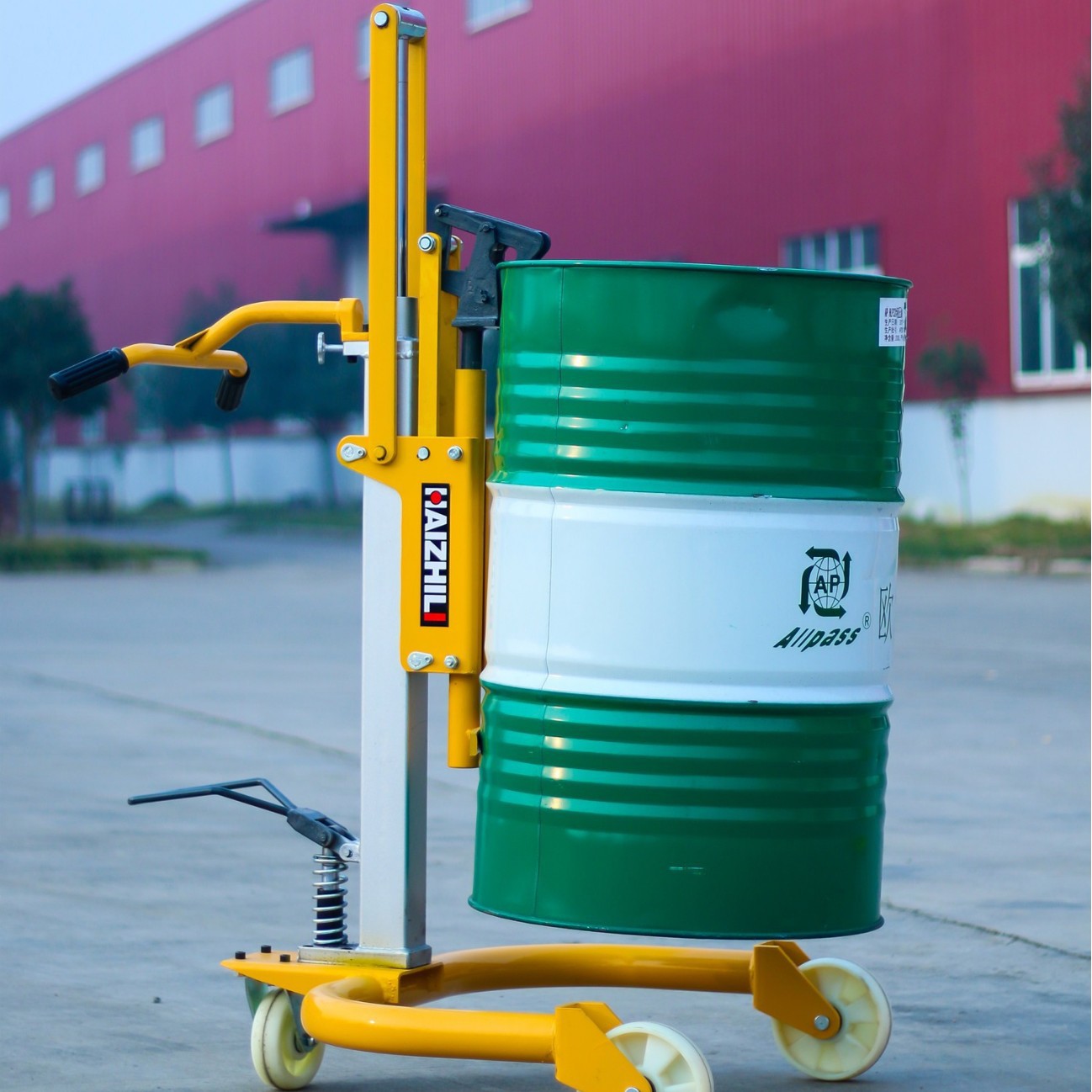 Manual oil drum transporter COY0.3A hydraulic lifting small trolley 300KG Hai Zhi Li iron drum plastic drum Specification drawing