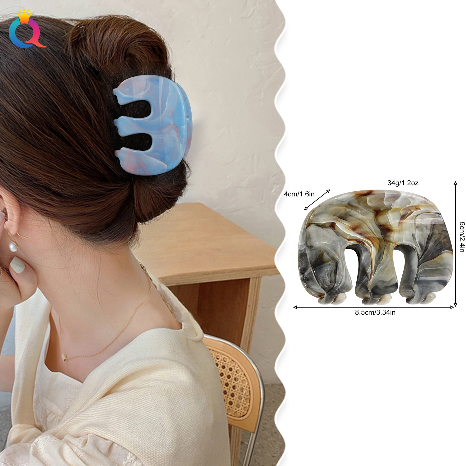 The Qiyue marble pattern medium-sized hair clip exudes a high-end and elegant style. The shark clip at the back of the head is a versatile new semi-tied hair clip details Picture