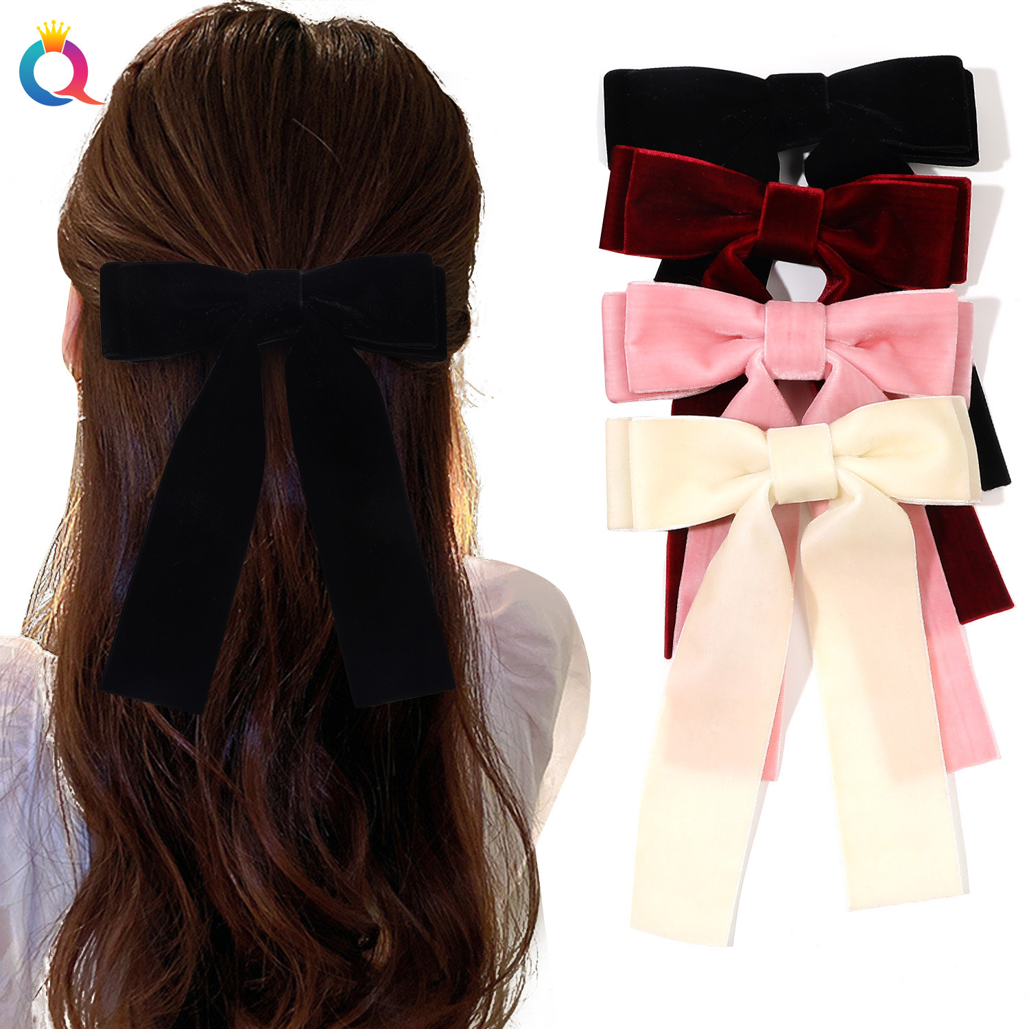 Wholesale of Qiyue Amazon bow hair clips, Korean ribbon headbands, velvet, simple duckbill clips and women's hair ties full figure