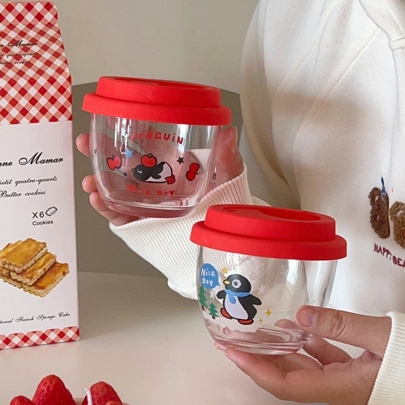 High appearance level glass cup, coffee cup, penguin water cup with lid, cold brew cup, cute and girlish glass cup for girls Specification drawing