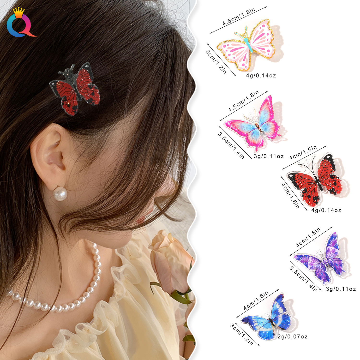 Qiyue Cross-border Acrylic simulated butterfly cute hair clips, small duckbill clips, bangs clips, hair clips and hair accessories wholesale details Picture