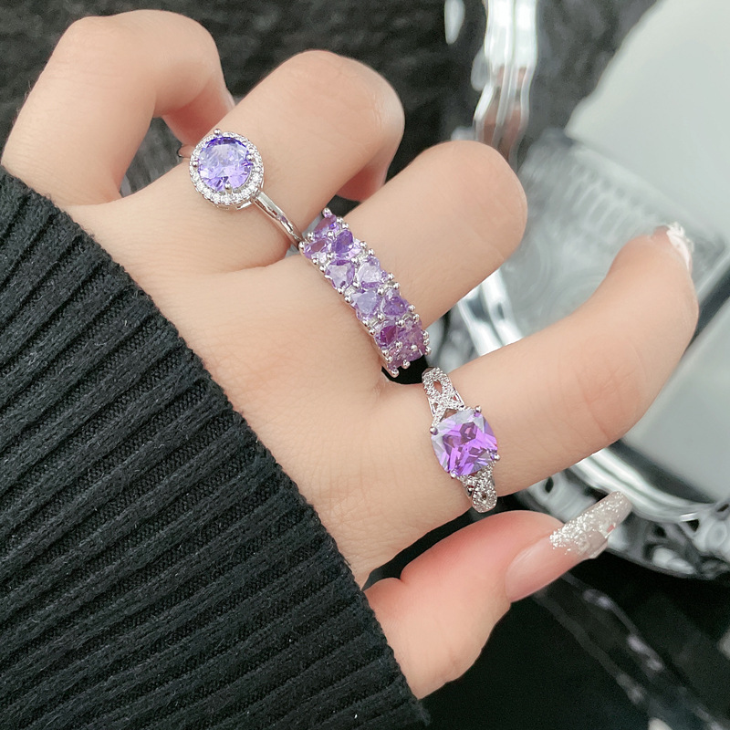 French light luxury sweet and cool purple diamond open ring for women on Instagram, cold style, high-end, exquisite and elegant, versatile ring trend details Picture