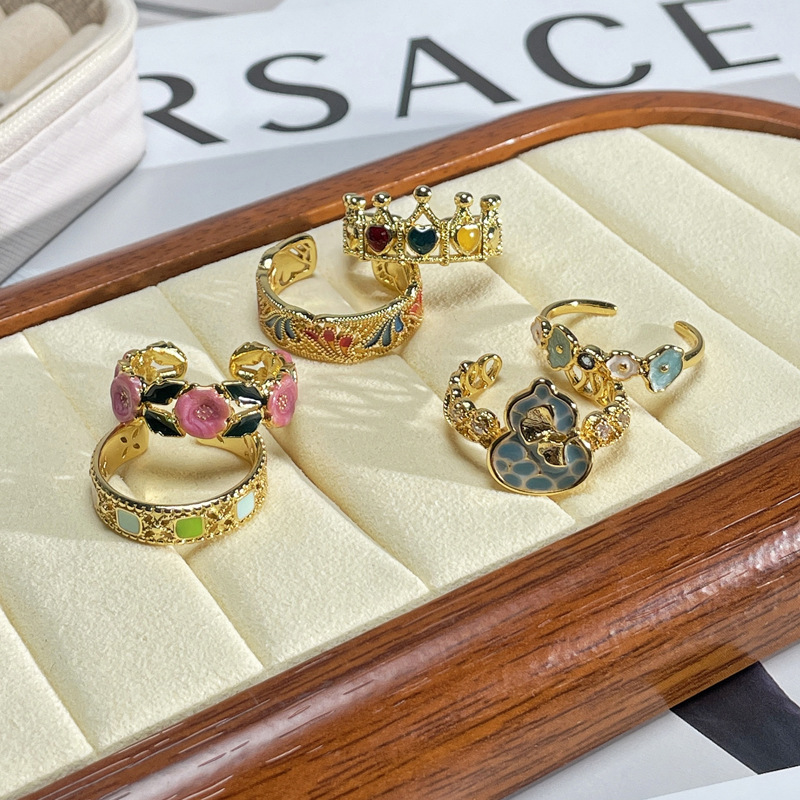 French gentle and light luxury flower enamel drop glaze open ring, sweet and cool gourd, high-end and exquisite layered ring details Picture