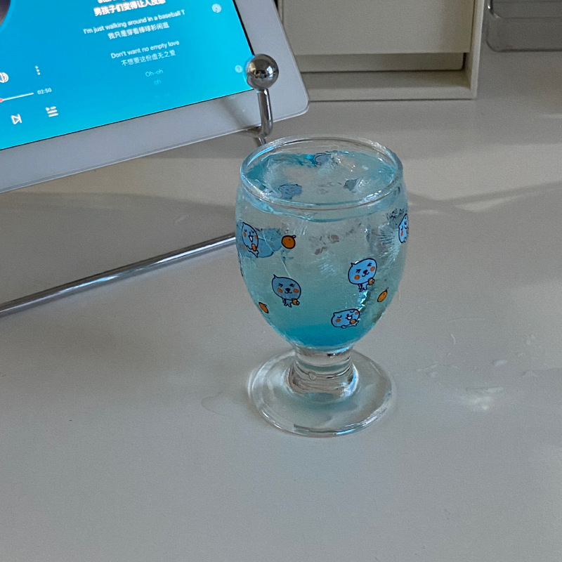 Chinese-style blue ins cute blue queer tall glass cup, cute little blue man glass water cup gift Item Picture