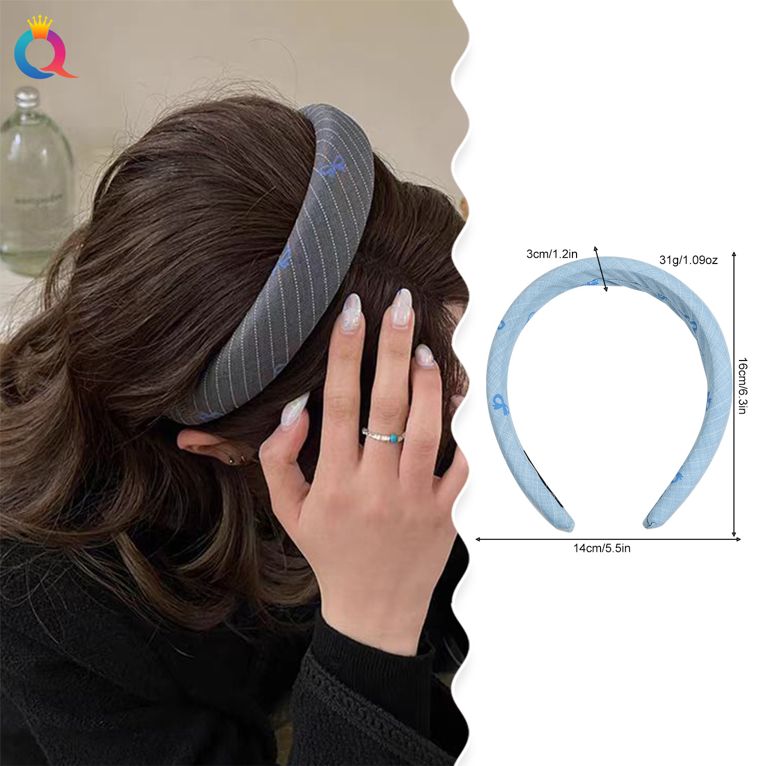 Qiyue Fresh blue bow striped headband, wide-brimmed, elegant and stylish headband, hair clip, hair accessory Specification drawing