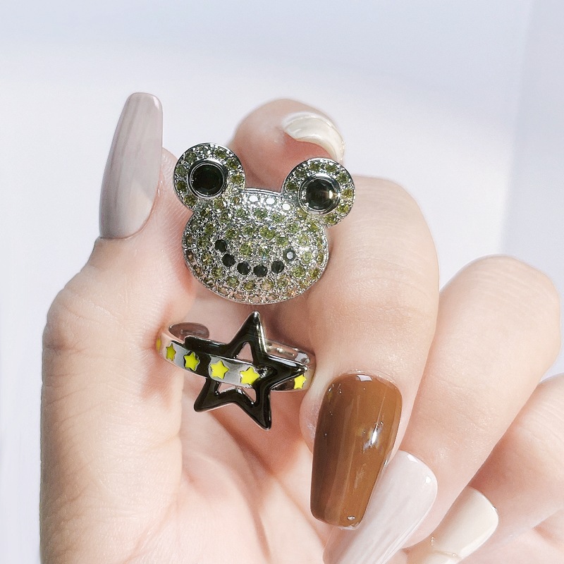 A niche design sense, star-shaped color-blocking glazed open ring, a sweet and cool frog for women, exquisite, fashionable and individual food ring trend Specification drawing