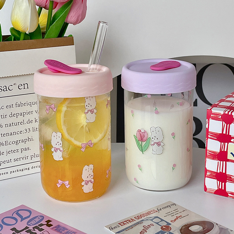 Korean-style tulip rabbit glass straw cup, girl's heart water cup, student drinking cup, glass cup wholesale full figure