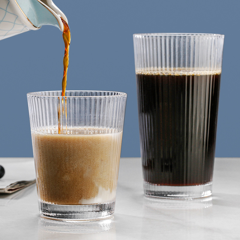 Simple vertical striped glass water cup, Japanese fine striped glass cup, home juice cup, beverage breakfast milk cup full figure