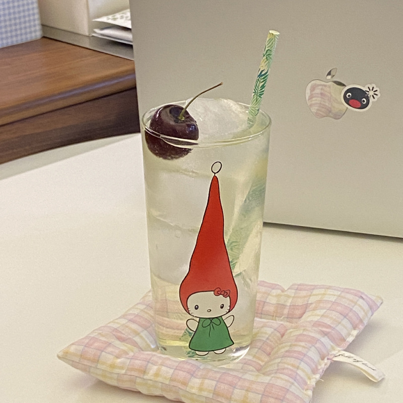 Creative cartoon hand-drawn kt cat high borosilicate glass cup, cute pointed hat, little cat water cup, juice cup, heat-resistant Item Picture
