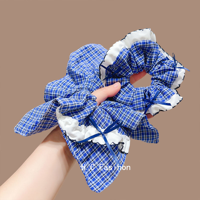 Elegant blue checkered bow tie large intestine hair band, Korean retro hair tie for women, high-end hair tie, hair band and hair accessory Application Scenario