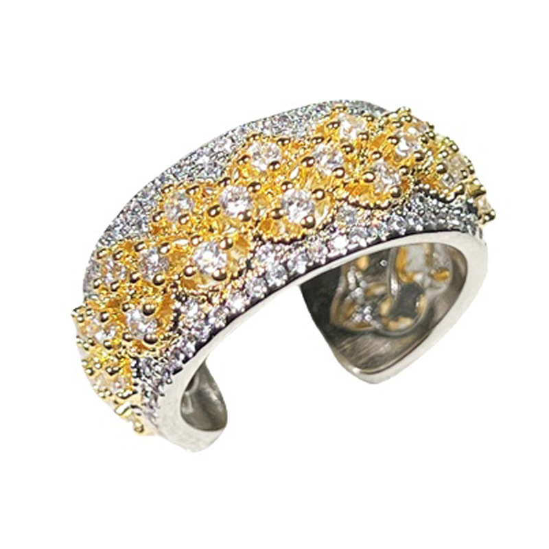 Retro and light luxury Italian lace hollowed-out heavy industry two-color ring, a woman's high-end and elegant style, full diamond index finger ring, trendy and cool Item Picture