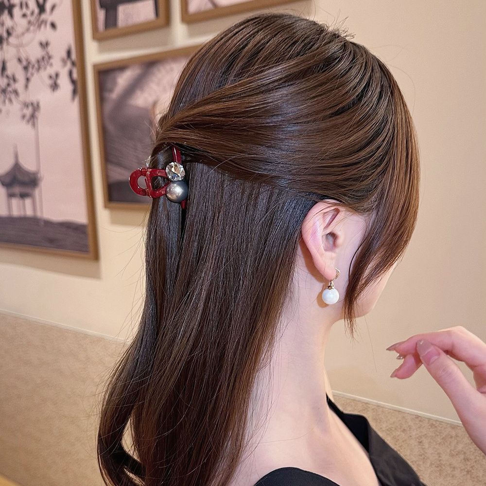 Ankara Red Pearl Rhinestone Mini scratch-off Clip, New Year Red Hairpin, high-end New Year Side clip, bangs clip Specification drawing