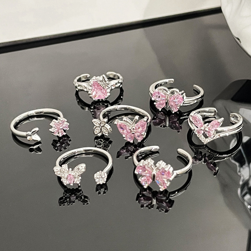 Sweet and cool, simple pink diamond butterfly opening ring, a niche design for women, exquisite and fashionable, individualistic ring for hot girls Specification drawing