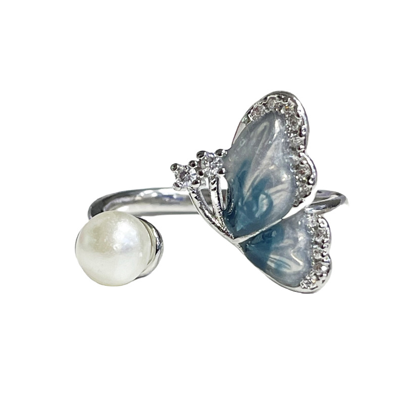 Sweet and cool gradient ice blue butterfly open ring for women, a new Chinese-style retro niche drip glaze pearl fashionable and elegant ring Item Picture