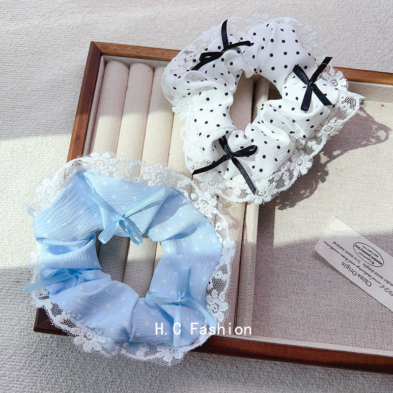 Korean-style cream polka dot large intestine hair band, lace ribbon, bow, lace headband, hair tie, ballet girl hair accessory Specification drawing