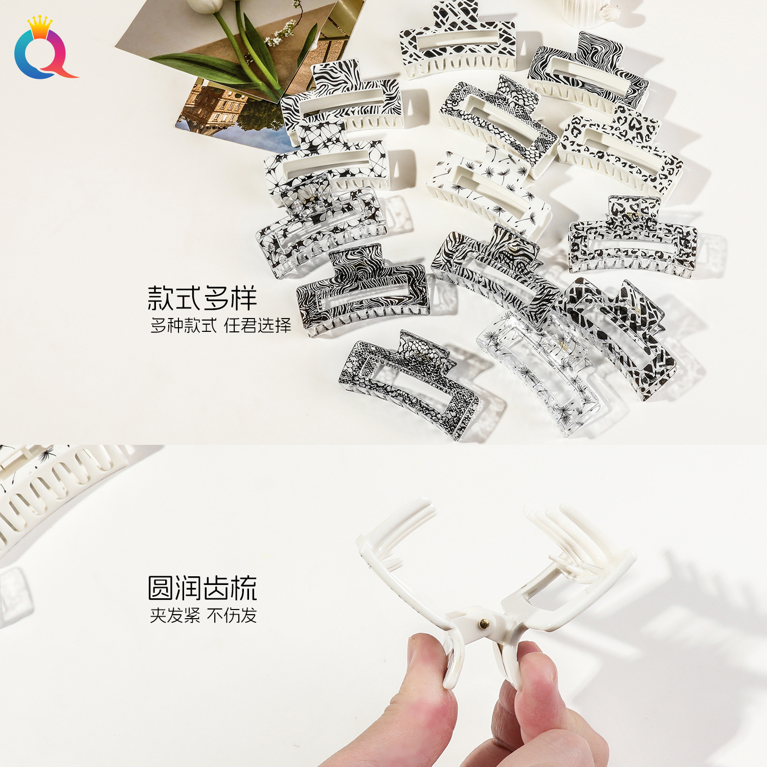 Qiyue Cross-border Heat Transfer black and White hair clips, simple updo print grab clips, high-end shark clip hair accessories wholesale Specification drawing